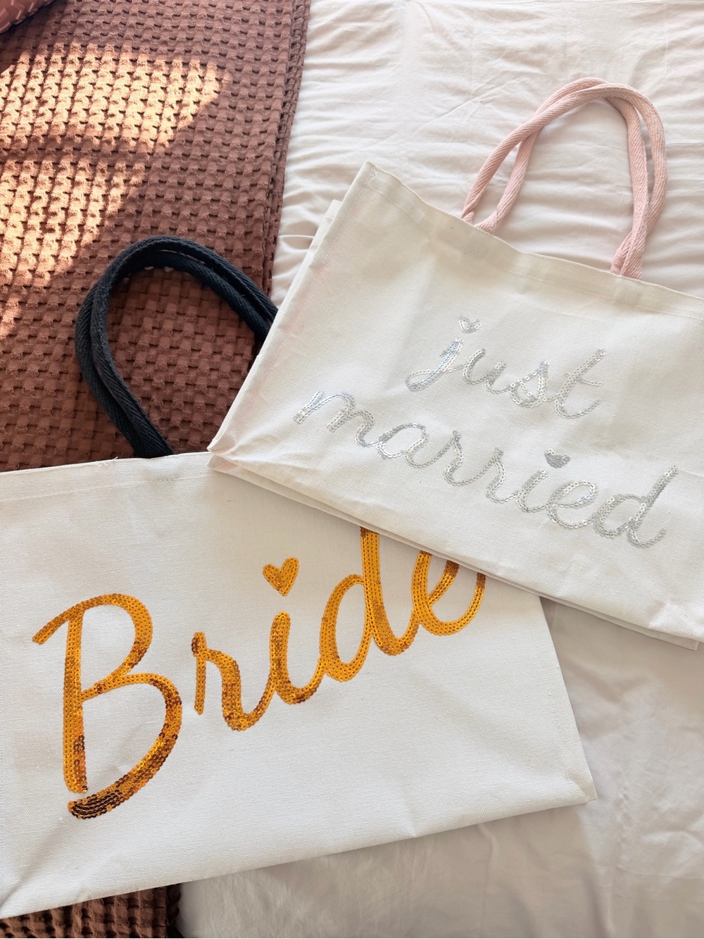 Bride Sequin Canvas Tote Bag - White with Gold Script